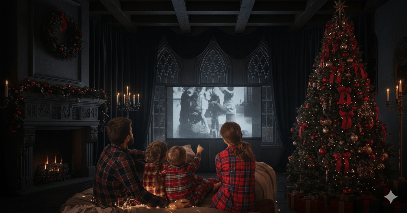 Holiday living room style image for Christmas movie night