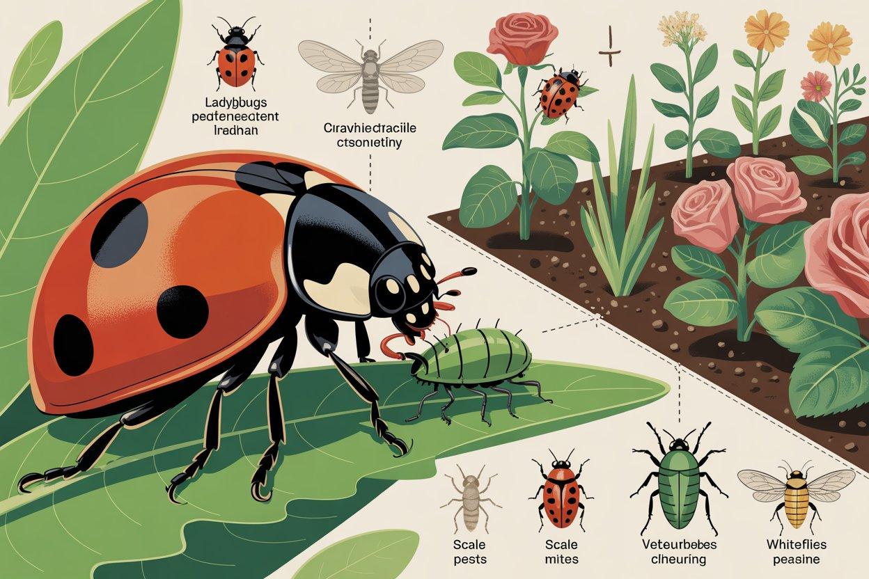 Educational infographic illustration showing ladybug facts and life stages