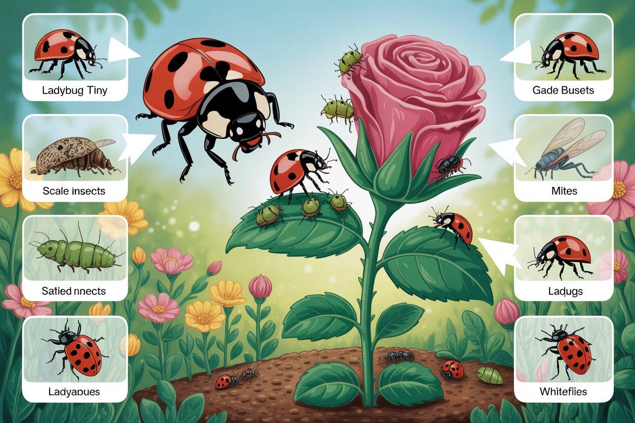 Educational infographic illustration about ladybugs and their role in gardens