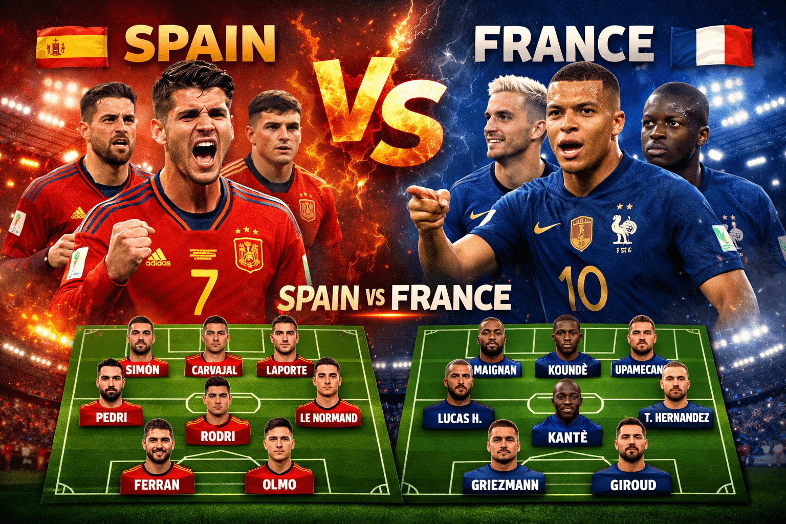 Spain National Football Team vs France National Football Team Lineups