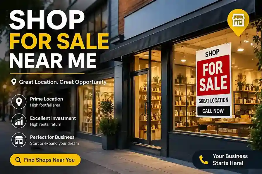 Shop for sale near me with storefront and property listing sign