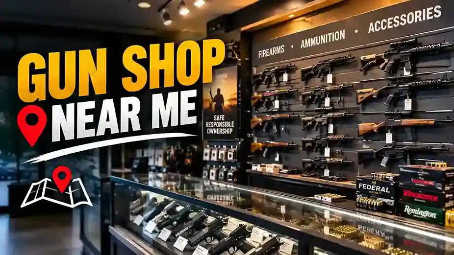 Gun shop near me with firearms, ammunition, and accessories displayed inside a retail store