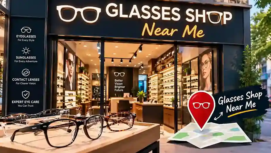 Glasses shop near me featuring a modern eyewear store with stylish eyeglass frames and optical displays.