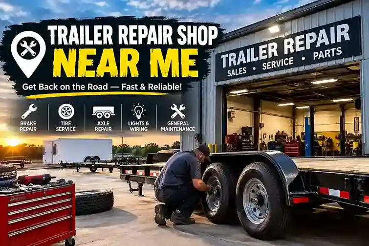 Trailer repair shop near me with mechanic servicing a trailer
