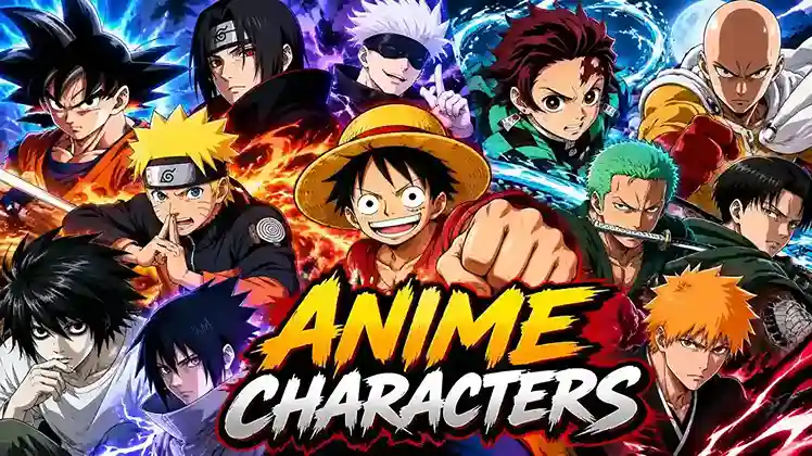 Anime characters including Naruto, Goku, Luffy, Gojo, Itachi, Tanjiro, and Levi in a colorful anime hero collage.