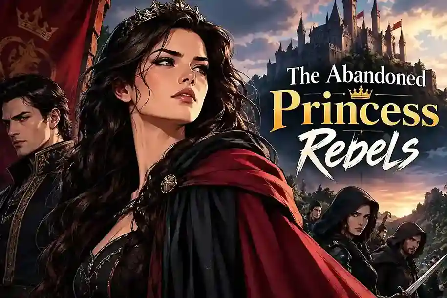 The Abandoned Princess Rebels fantasy comic cover featuring a brave princess in a red cloak, a royal castle, and rebel warriors.