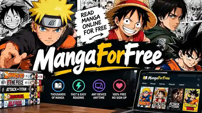 MangaForFree anime and manga reading online banner featuring colorful manga artwork and a manga website interface.