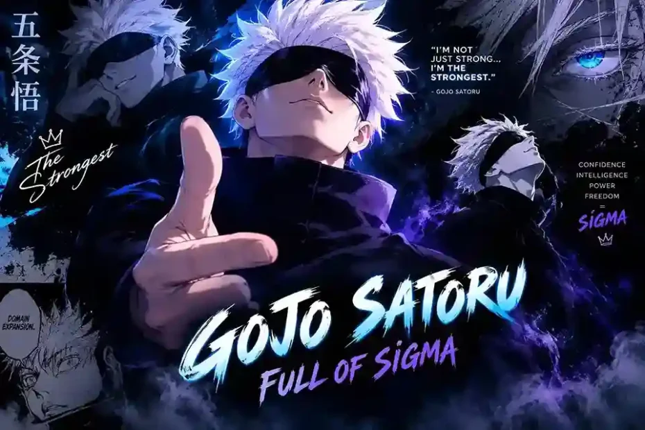 : Gojo Satoru with white hair, black blindfold, blue and purple energy, and sigma anime poster design.