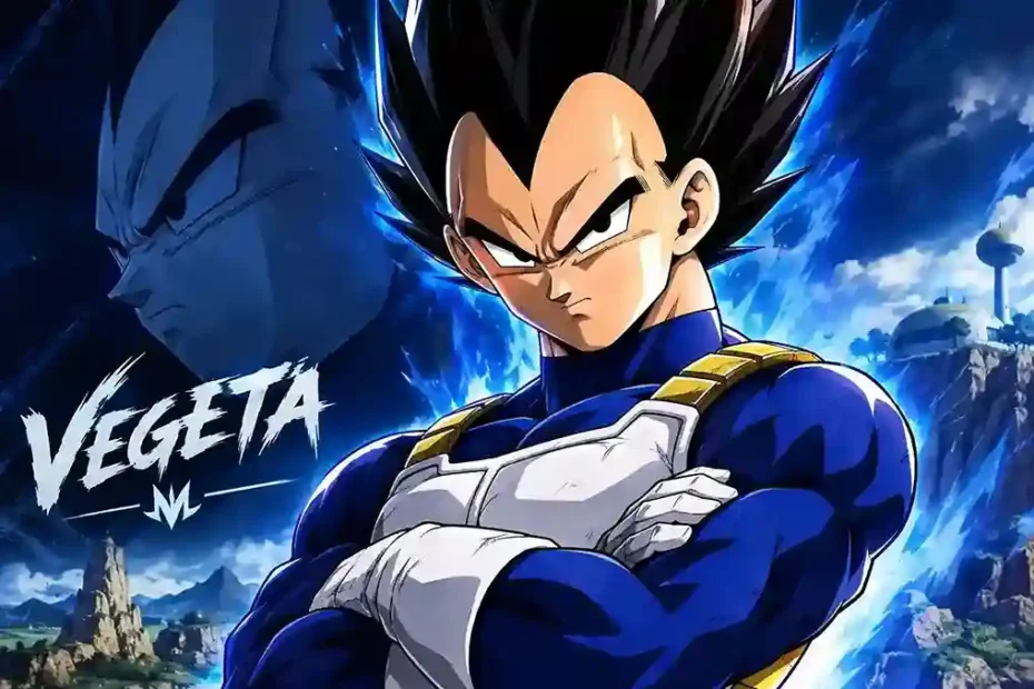 Vegeta in blue and white Saiyan armor with a glowing blue energy aura