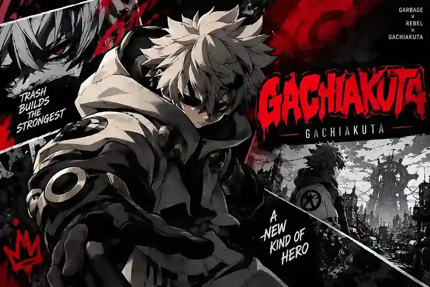 Gachiakuta anime-inspired character with white hair, oversized gauntlets, and a red-black industrial background.