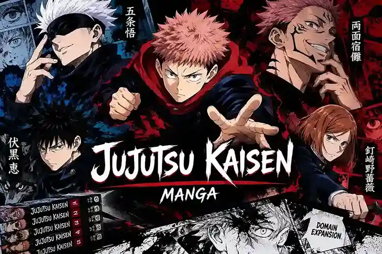 JJK manga feature image showing Yuji Itadori, Satoru Gojo, Megumi Fushiguro, Nobara Kugisaki, and Ryomen Sukuna in a dramatic Jujutsu Kaisen manga-style collage.