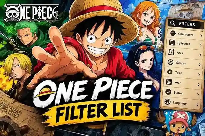 One Piece filter list featuring Luffy, Zoro, Nami, Sanji, Robin, and anime filtering options.
