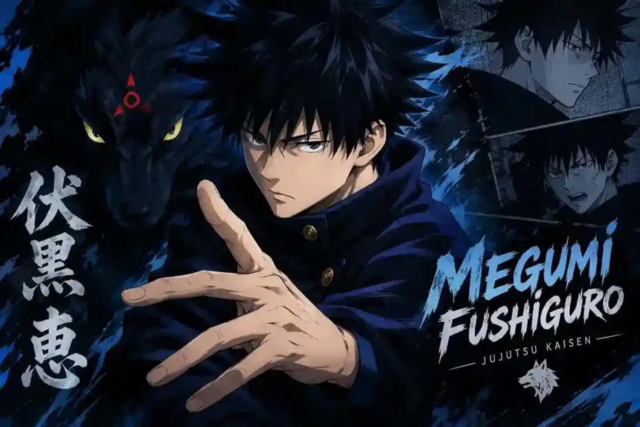 Megumi Fushiguro with Divine Dog in a dark blue anime illustration